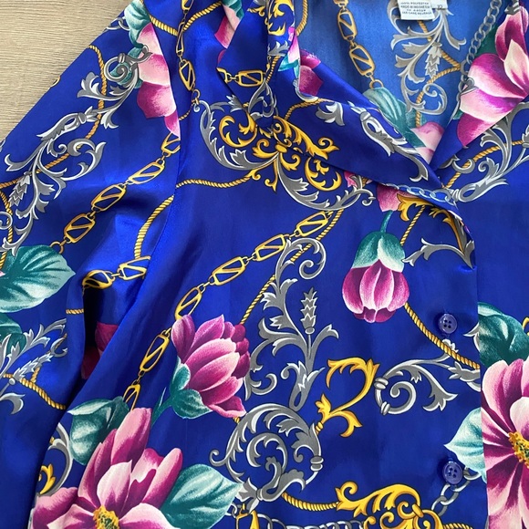 Russ Vintage 80s/90s Silky Floral Printed Long Sleeve Button Down Blouse Top - Picture 5 of 11
